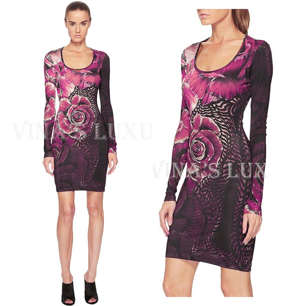 JUST CAVALLI BY ROBERTO CAVALLI DRESS ROSE PRINT LONG SLEEVE